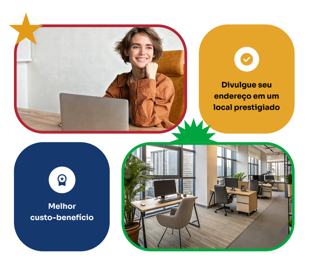 Montagem promocional de escritório virtual em Recife, com profissional utilizando notebook, escritório corporativo moderno e mensagens destacando endereço comercial em localização prestigiada e melhor custo-benefício.